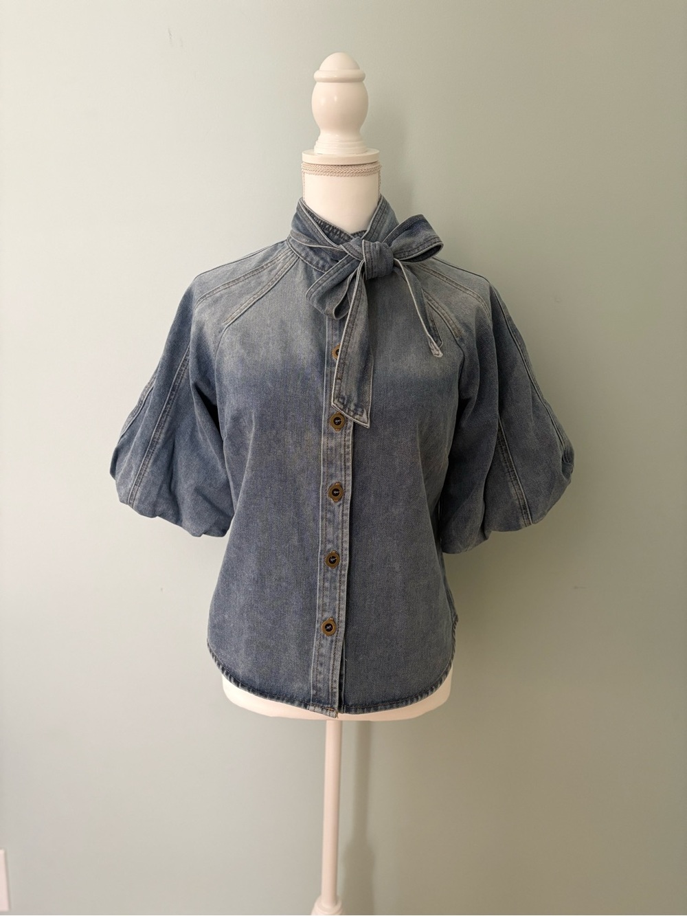 NWT Bailey44 Tie-Neck Puff Sleeve Denim Button-Down Shirt. Zimmerman Inspired.